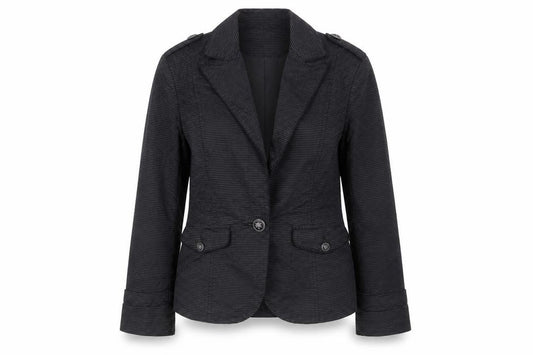 Front view of New Look women’s black striped jacket blazer, size UK 8, button - pockets