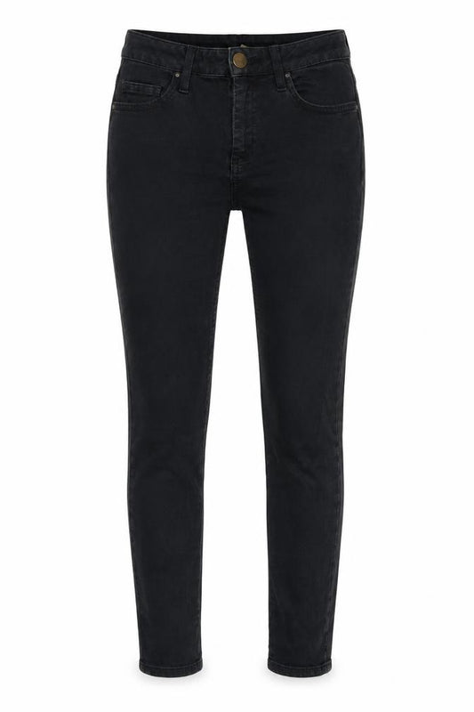 Front view of Topshop women’s black cotton blend straight jeans, size UK 25, in, 30-inch leg regular zip