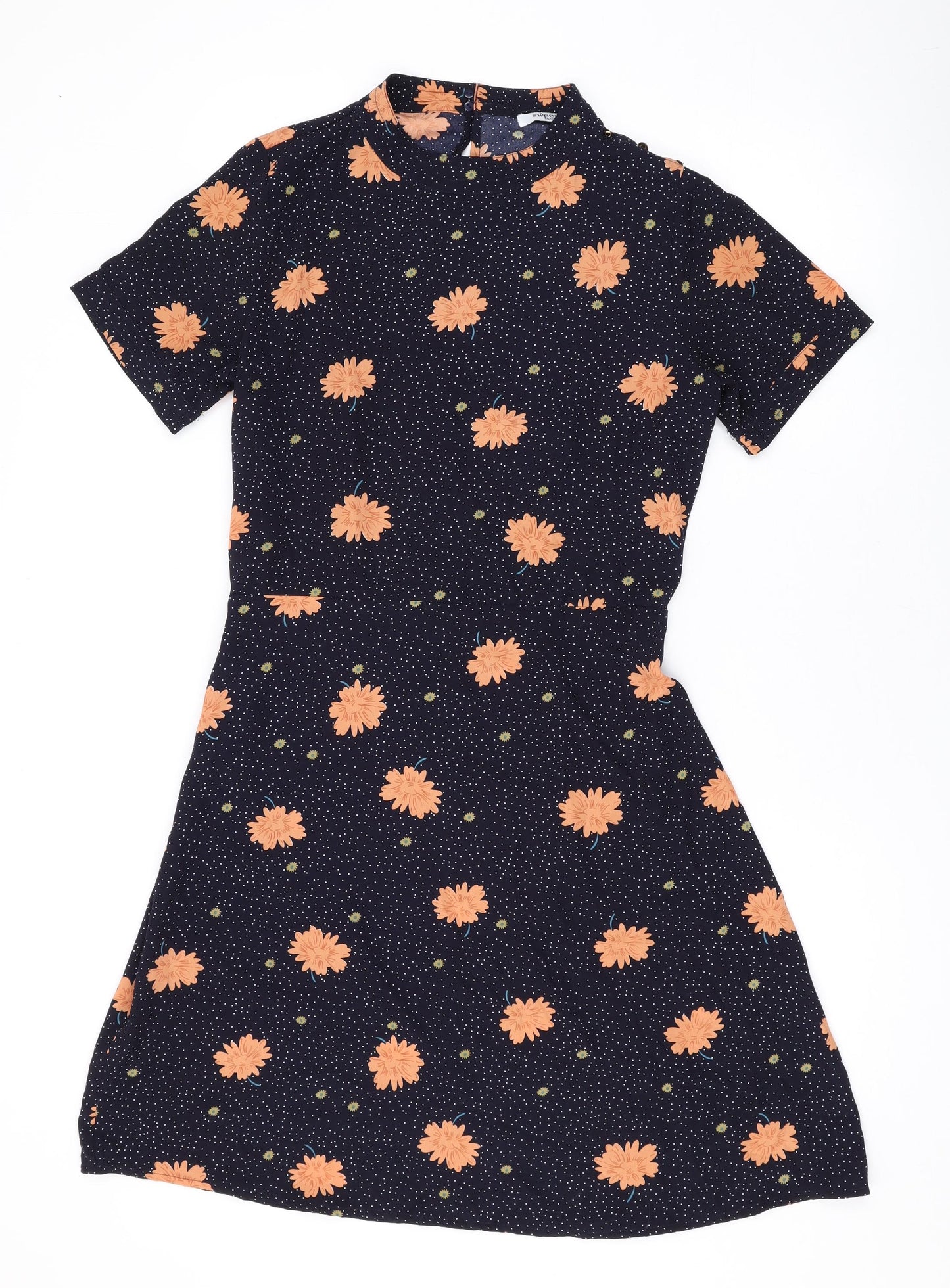 Sweewe Womens Blue Polka Dot Polyester Mini Size M Round Neck Button