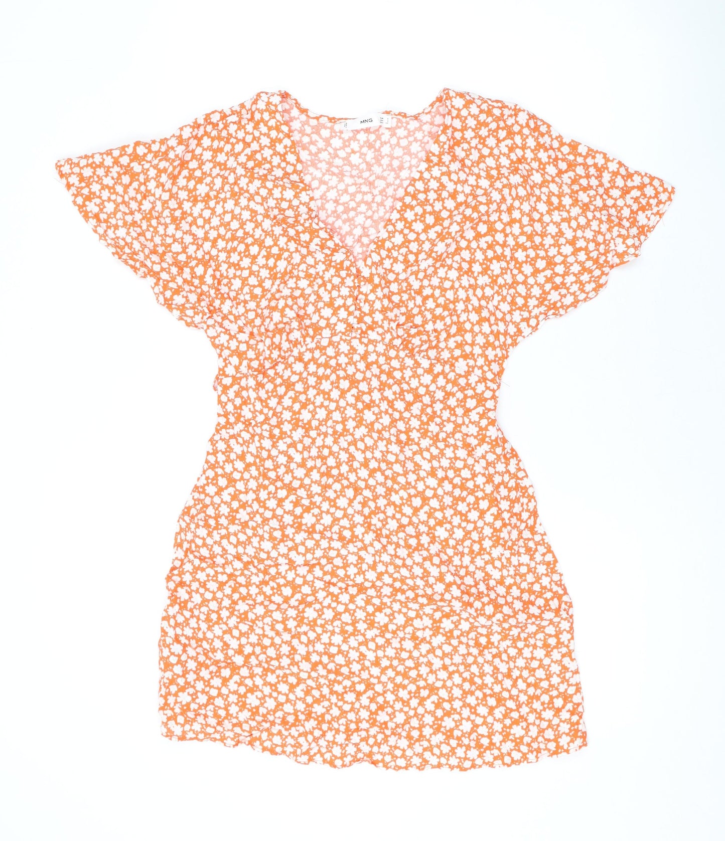 Mango Womens Orange Floral Viscose Mini Size S V-Neck Button