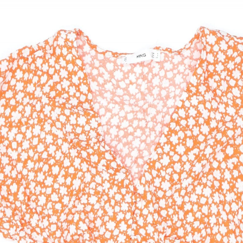 Mango Womens Orange Floral Viscose Mini Size S V-Neck Button