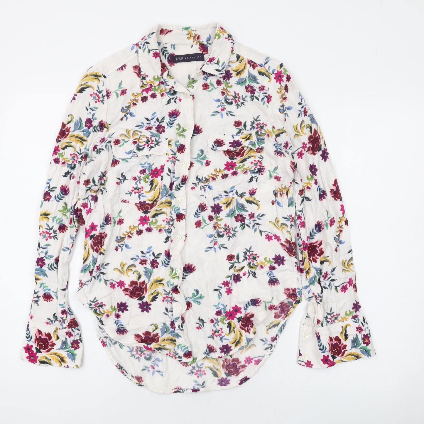 Marks and Spencer Womens White Floral Viscose Basic Button-Up Size 8 Collared