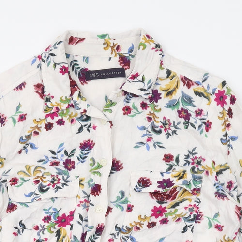 Marks and Spencer Womens White Floral Viscose Basic Button-Up Size 8 Collared