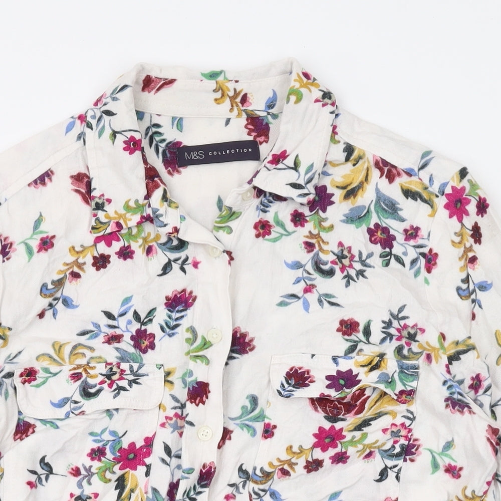 Marks and Spencer Womens White Floral Viscose Basic Button-Up Size 8 Collared