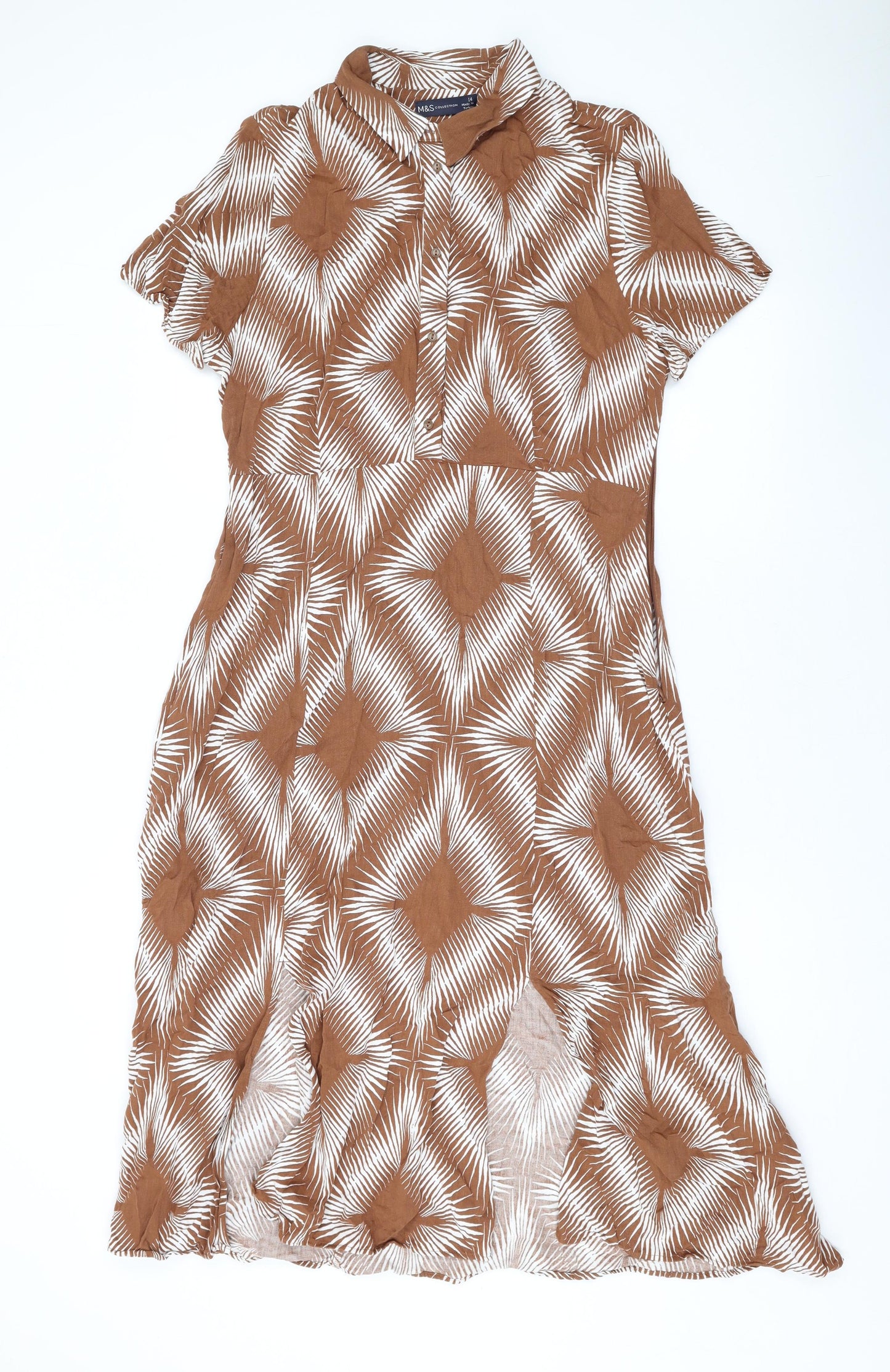 Marks and Spencer Womens Brown Geometric Viscose Maxi Size 14 Collared Button