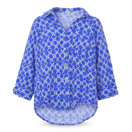 Front view of River Island women’s blue geometric viscose basic button-up, size UK 10, collared