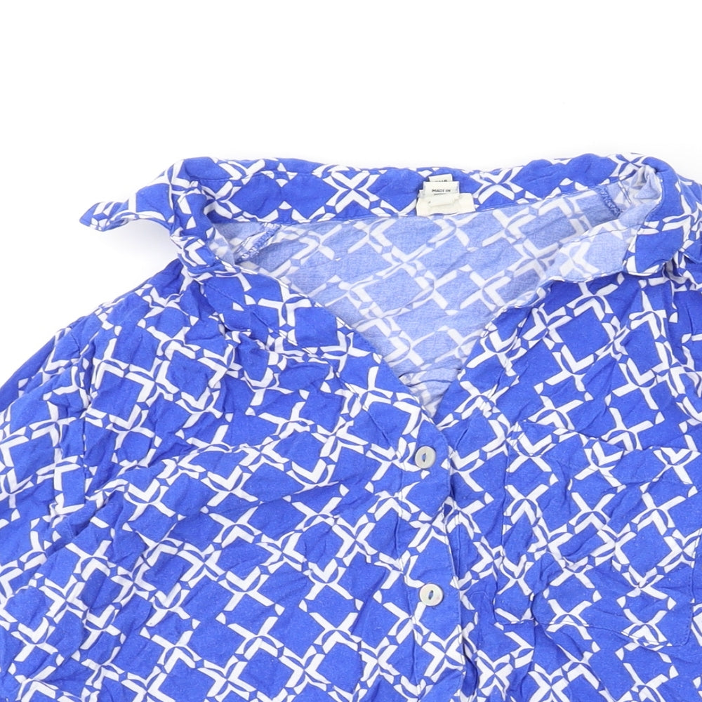 River Island Womens Blue Geometric Viscose Basic Button-Up Size 10 Collared