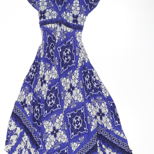 Monsoon Womens Blue Geometric Viscose A-Line Size 18 V-Neck Pullover