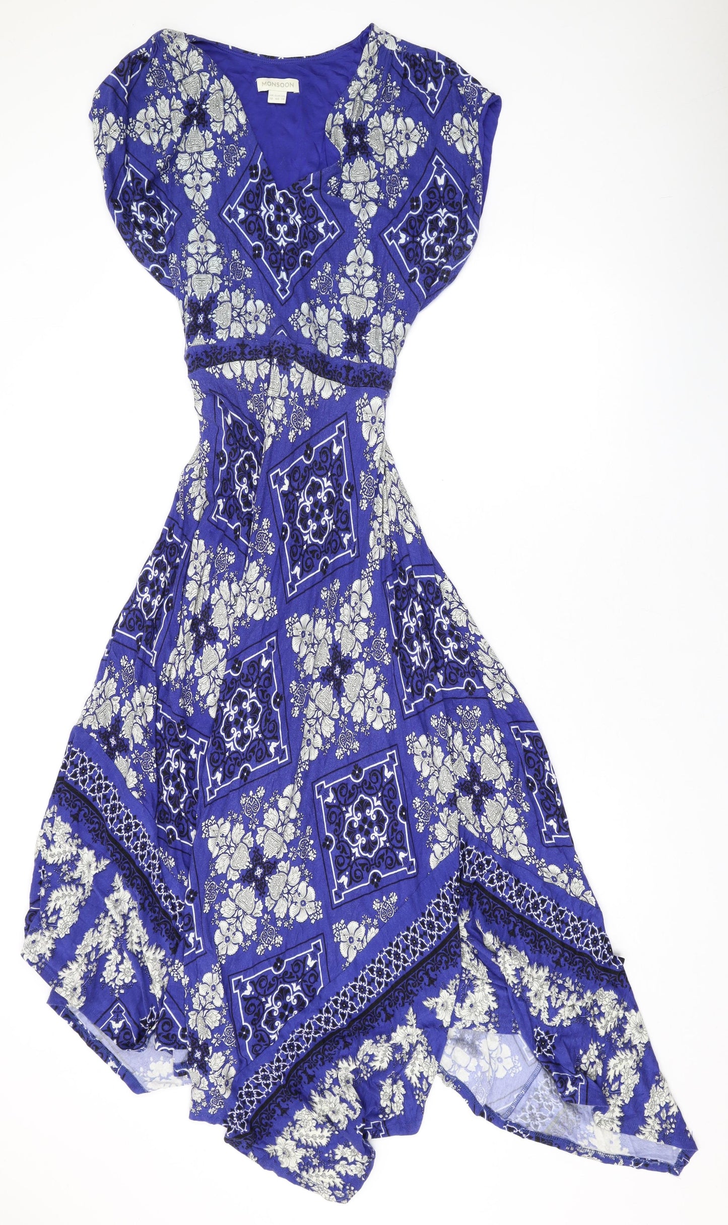 Monsoon Womens Blue Geometric Viscose A-Line Size 18 V-Neck Pullover