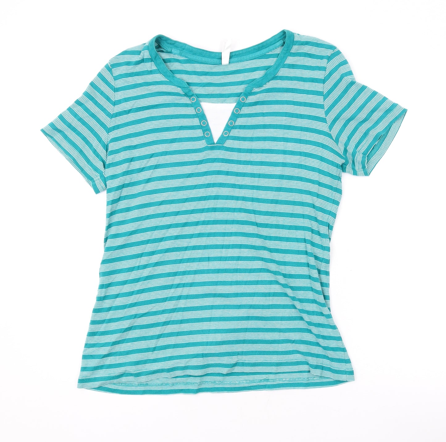 Bonmarché Womens Green Striped Cotton Basic T-Shirt Size M V-Neck