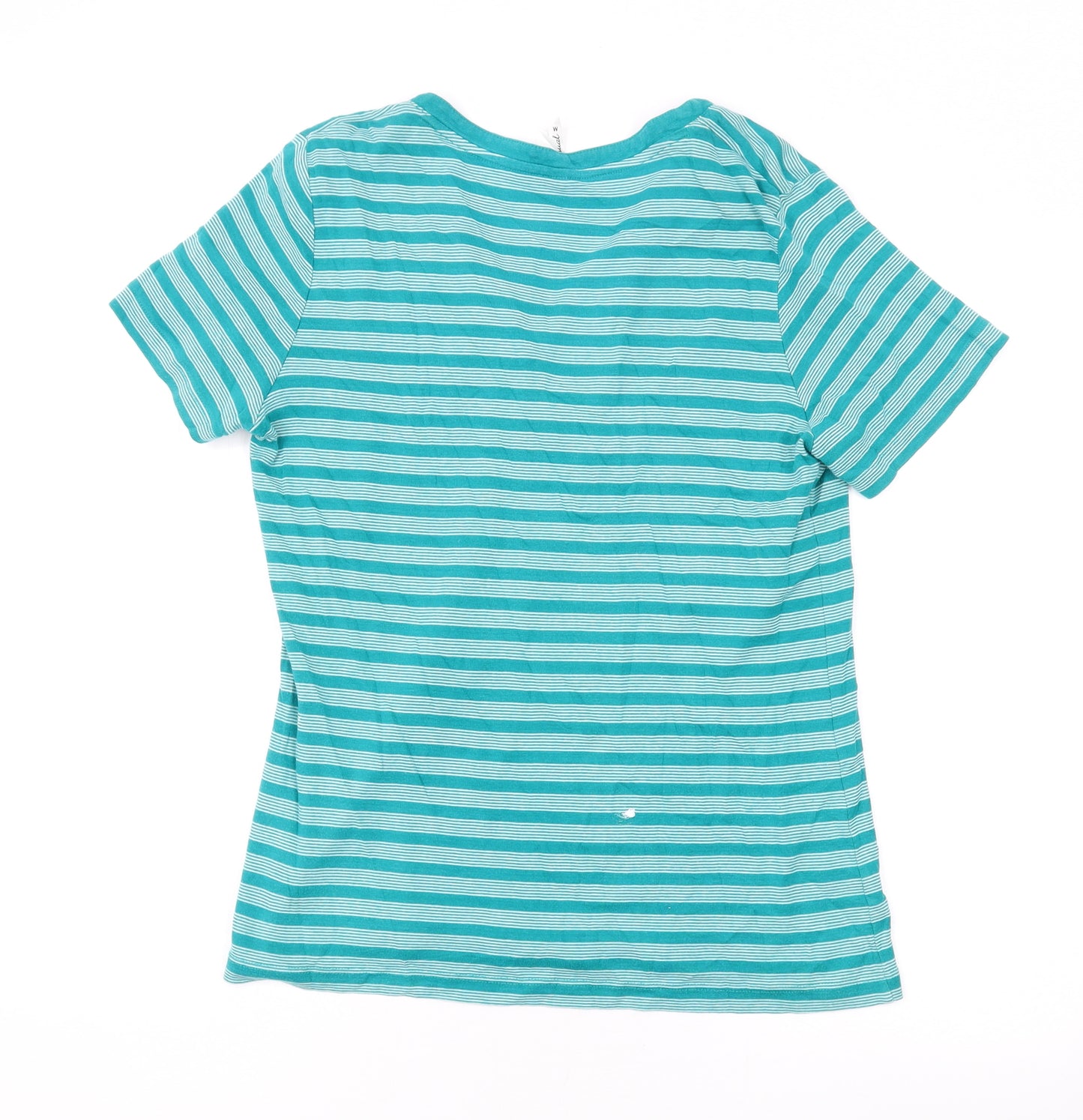 Bonmarché Womens Green Striped Cotton Basic T-Shirt Size M V-Neck