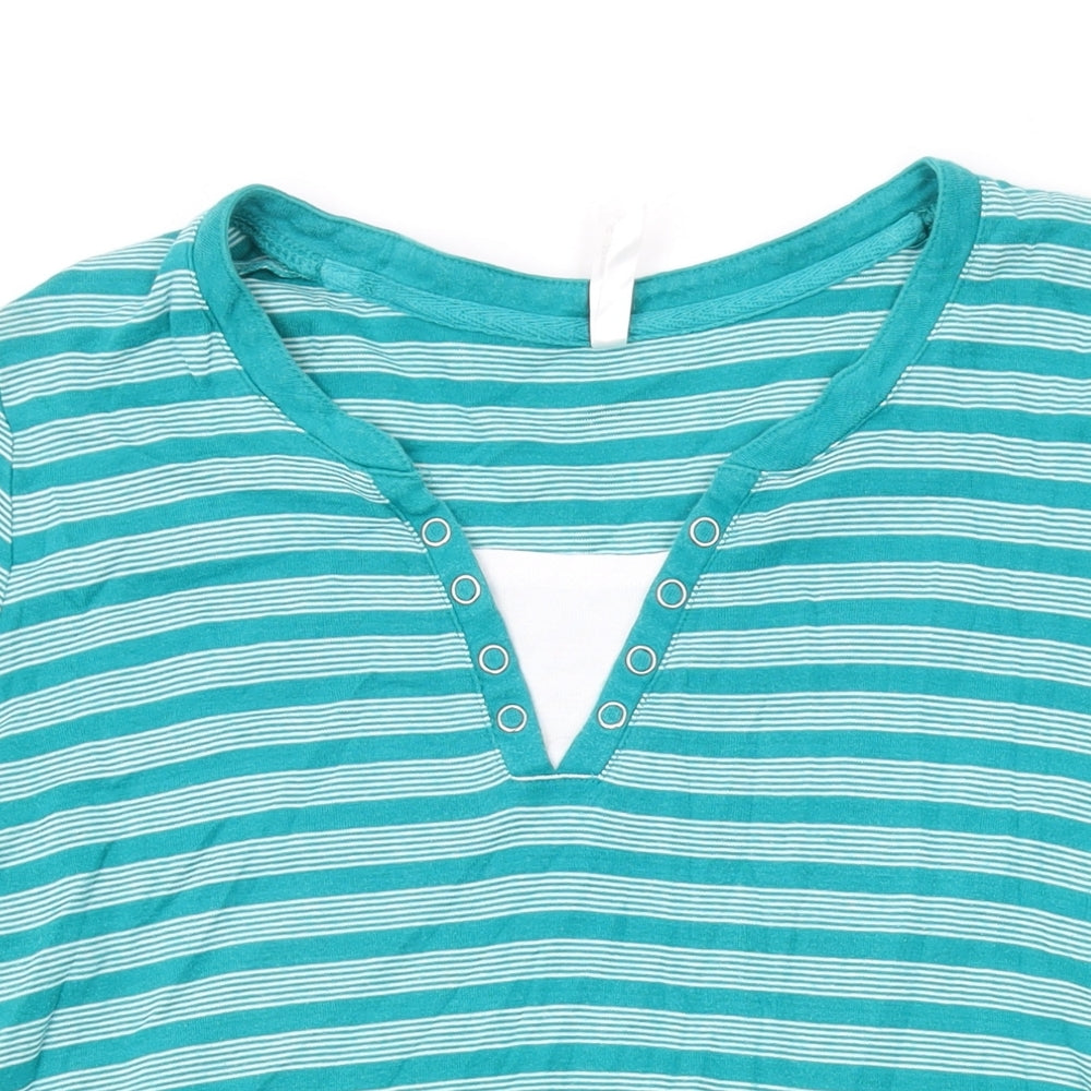 Bonmarché Womens Green Striped Cotton Basic T-Shirt Size M V-Neck