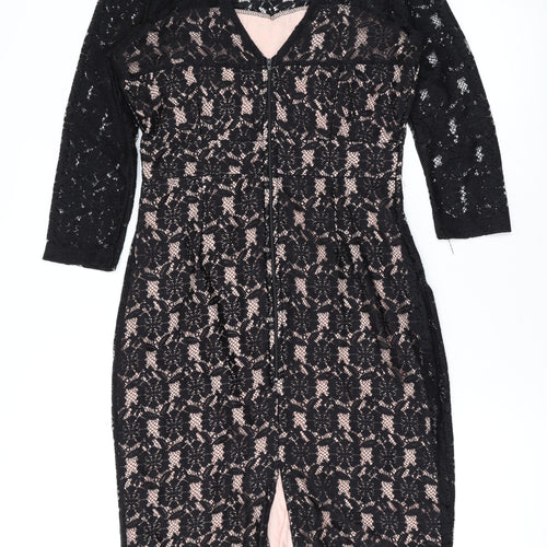 Dorothy Perkins Womens Black Floral Polyester Bodycon Size 14 Round Neck Zip