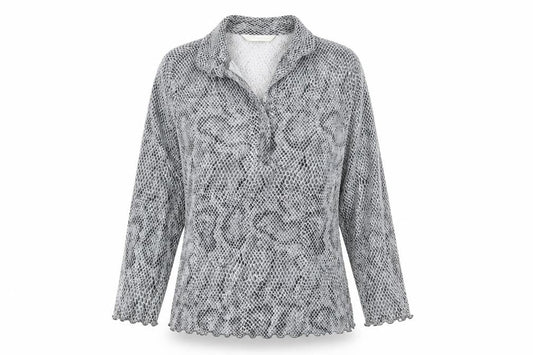 Front view of AMARANTO women’s grey animal print polyester basic blouse, size UK 12, collared