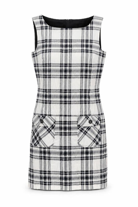 Front view of Dorothy Perkins women’s ivory plaid polyester tank dress, size UK 12, scoop neck pullover