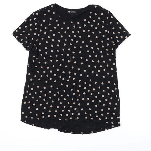 Zara Womens Black Polka Dot Cotton Basic T-Shirt Size S Round Neck