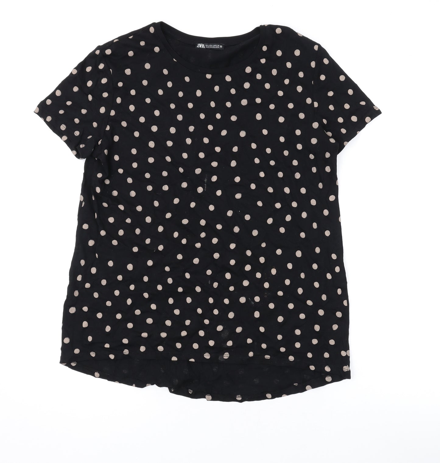 Zara Womens Black Polka Dot Cotton Basic T-Shirt Size S Round Neck