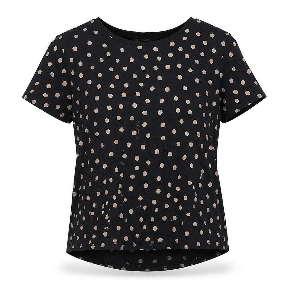 Front view of Zara women’s black polka dot cotton basic t-shirt, size S, round neck