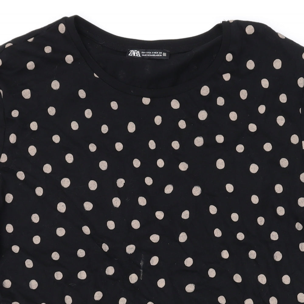 Zara Womens Black Polka Dot Cotton Basic T-Shirt Size S Round Neck