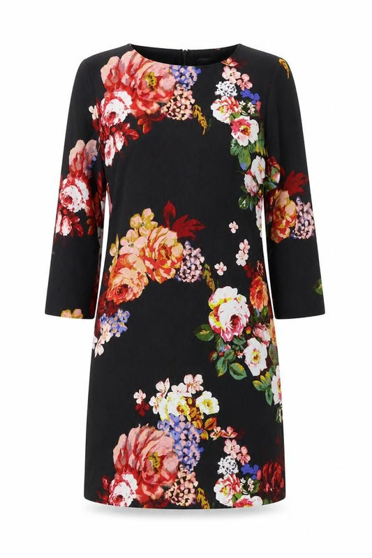Front view of New Look women’s black floral polyester a-line, size UK 10, boat neck zip