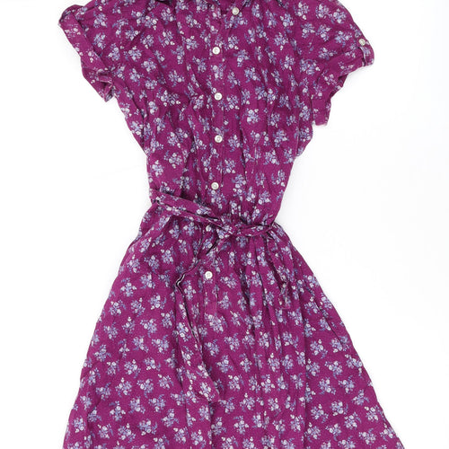 H&M Womens Purple Floral Cotton Shirt Dress Size 42 Collared Button