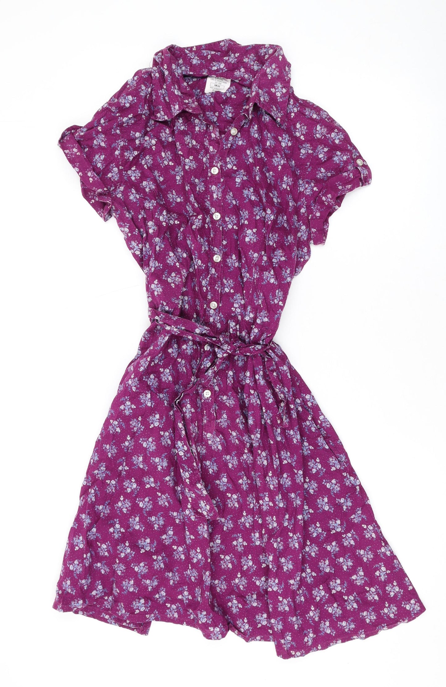 H&M Womens Purple Floral Cotton Shirt Dress Size 42 Collared Button
