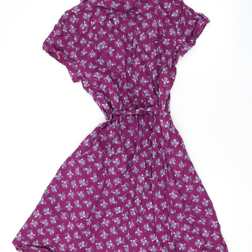 H&M Womens Purple Floral Cotton Shirt Dress Size 42 Collared Button