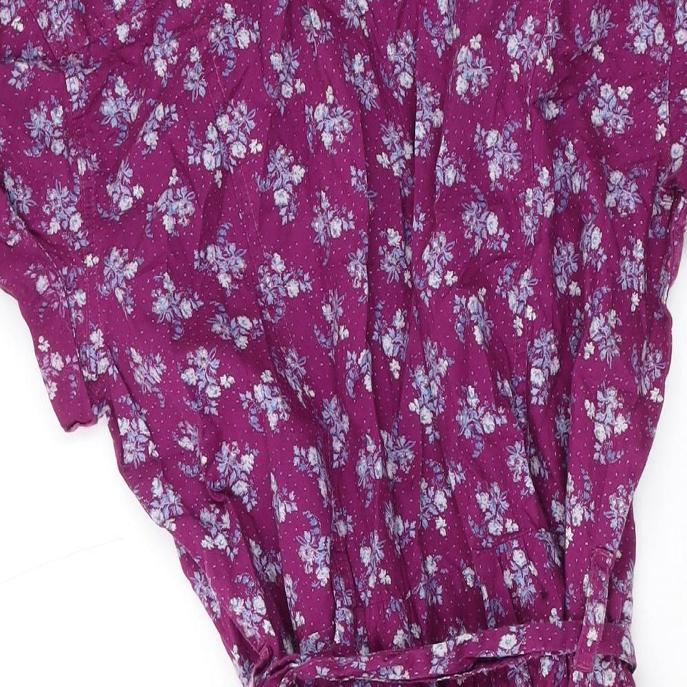 H&M Womens Purple Floral Cotton Shirt Dress Size 42 Collared Button