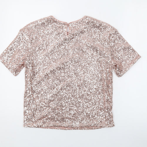 H&M Womens Pink Polyester Basic T-Shirt Size XS Round Neck - Sequins