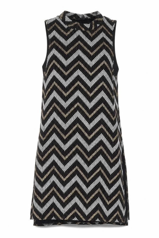 Front view of River Island women’s multicoloured geometric nylon tank dress, size UK 10, round neck pullover - glitter