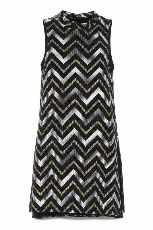 Front view of River Island women’s multicoloured geometric nylon tank dress, size UK 10, round neck pullover - glitter