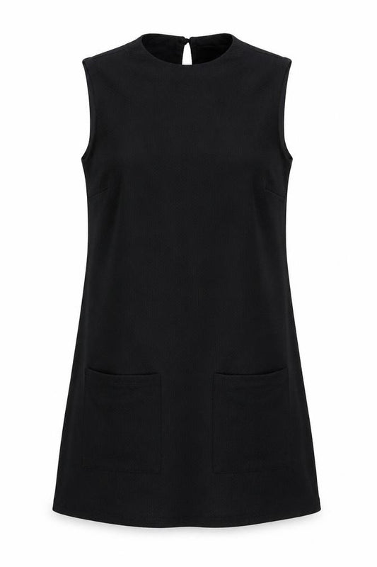Front view of Dorothy Perkins women’s black viscose tank dress, size UK 12, round neck button