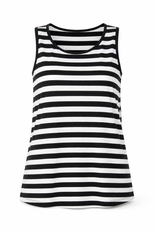 Front view of ASOS women’s black striped polyester basic tank, size UK 8, round neck