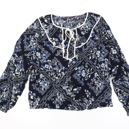 Marks and Spencer Womens Blue Geometric Viscose Basic Blouse Size 14 Round Neck