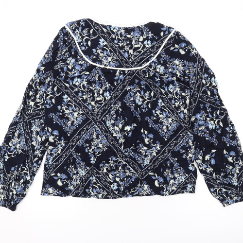Marks and Spencer Womens Blue Geometric Viscose Basic Blouse Size 14 Round Neck