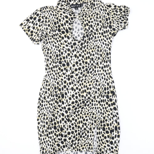 Motel Womens Brown Animal Print Cotton Bodycon Size XS Round Neck Button