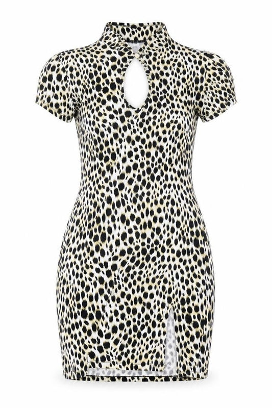 Front view of Motel Rocks women’s brown animal print cotton bodycon, size XS, round neck button