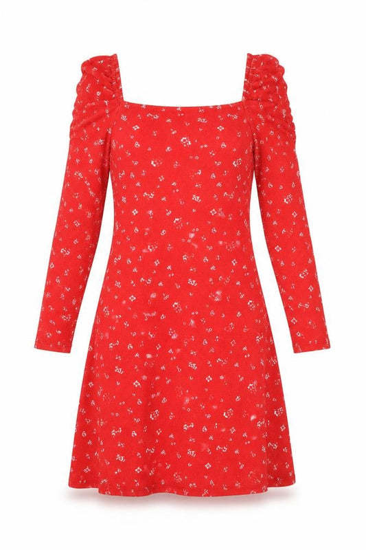 Front view of River Island women’s red geometric polyester a-line, size UK 12, square neck pullover