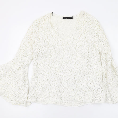 Zara Womens White Floral Cotton Basic Blouse Size M V-Neck
