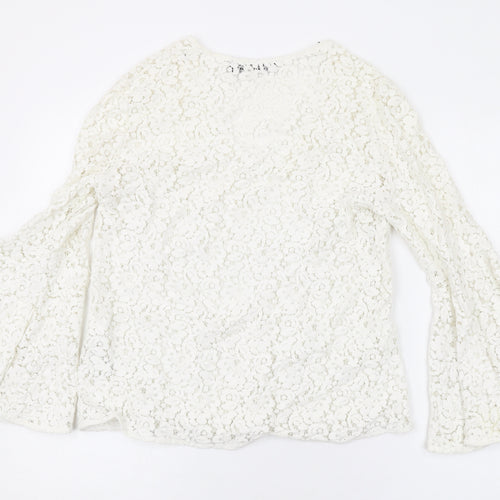 Zara Womens White Floral Cotton Basic Blouse Size M V-Neck