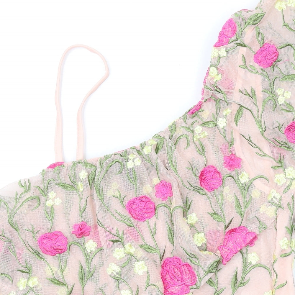 New Look Womens Pink Floral Polyester Basic Blouse Size 10 Off the Shoulder