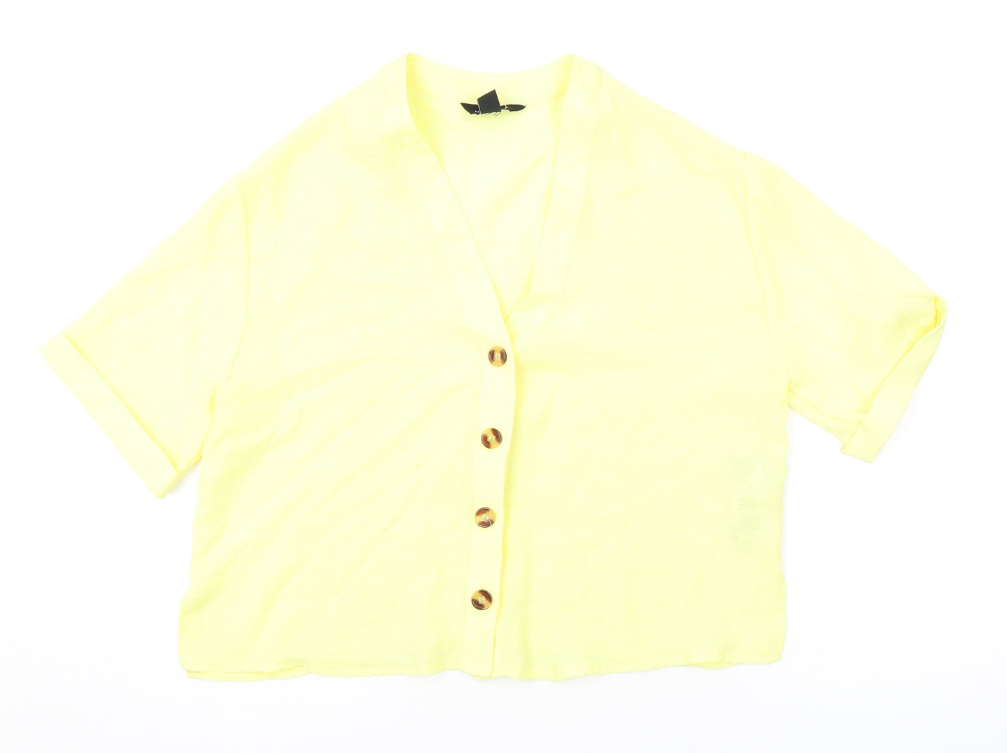 New Look Womens Yellow Polyester Basic Button-Up Size 10 V-Neck