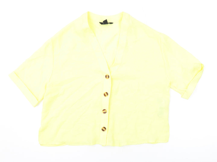 New Look Womens Yellow Polyester Basic Button-Up Size 10 V-Neck