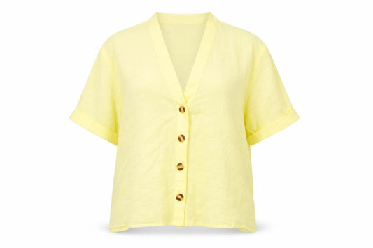 Front view of New Look women’s yellow polyester basic button-up, size UK 10, v-neck