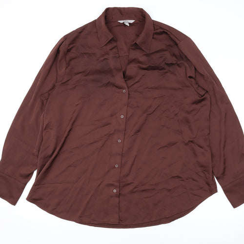 H&M Womens Brown Polyester Basic Button-Up Size XL Collared