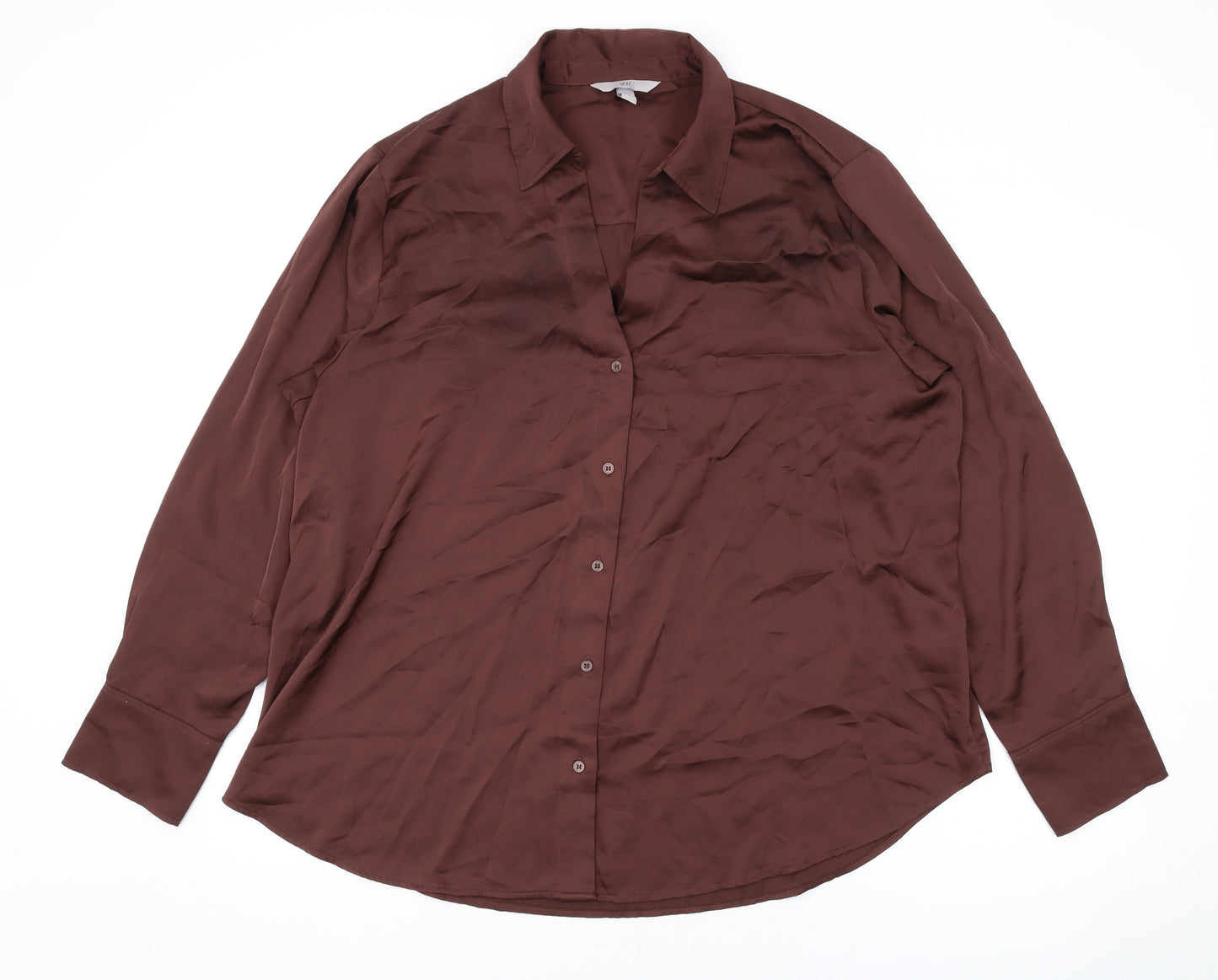 H&M Womens Brown Polyester Basic Button-Up Size XL Collared