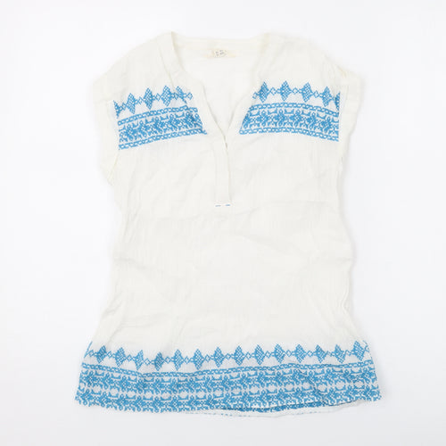White Stuff Womens White Geometric Cotton Basic Blouse Size 10 V-Neck