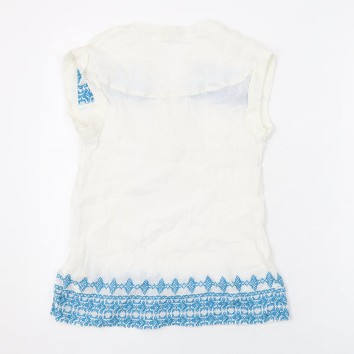 White Stuff Womens White Geometric Cotton Basic Blouse Size 10 V-Neck