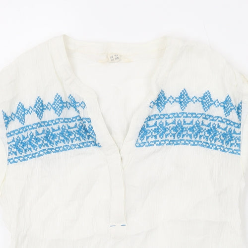 White Stuff Womens White Geometric Cotton Basic Blouse Size 10 V-Neck