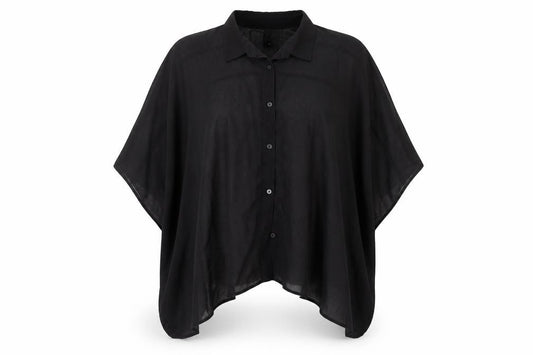 Front view of H&M women’s black polyester basic button-up, size UK 8, collared